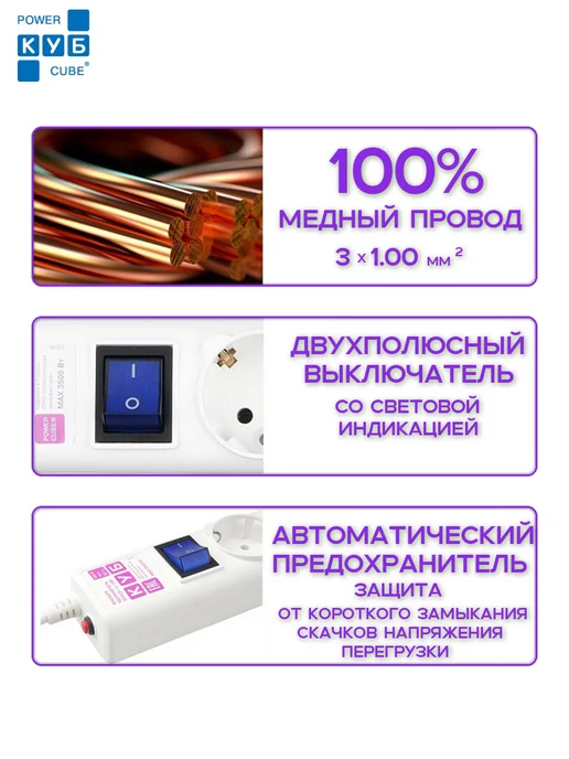 Power Cube Сетевой фильтр «КУБ» SPG6-16-0.5М 0,5 метра, 0,5 м, фото 2