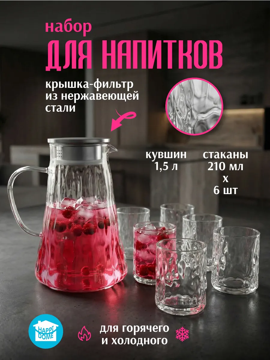 Кувшин для воды набор со стаканами 6 шт.