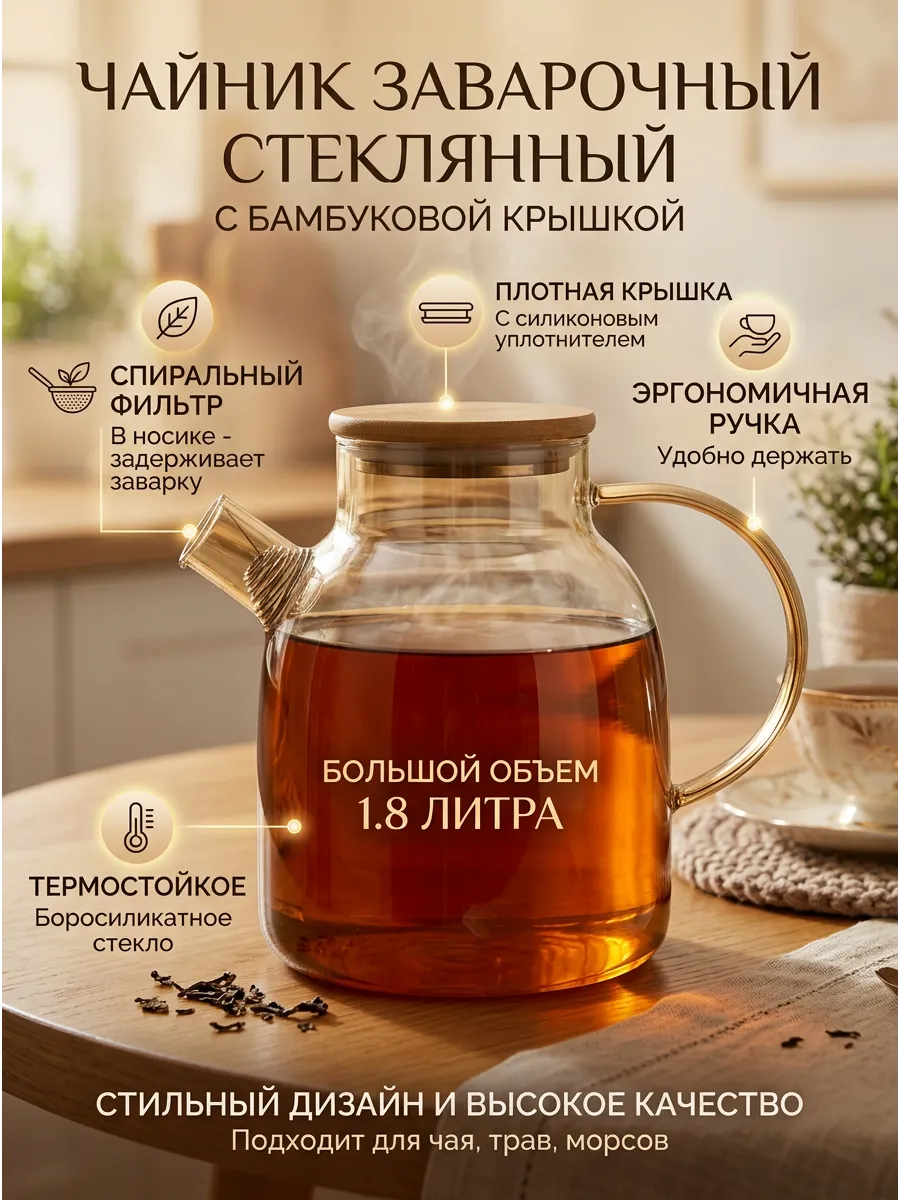 Чайник заварочный стеклянный 1.8л