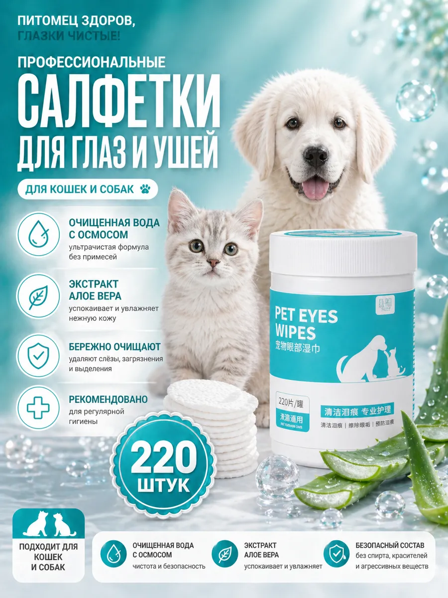 Влажные салфетки для глаз ушей собак и кошек