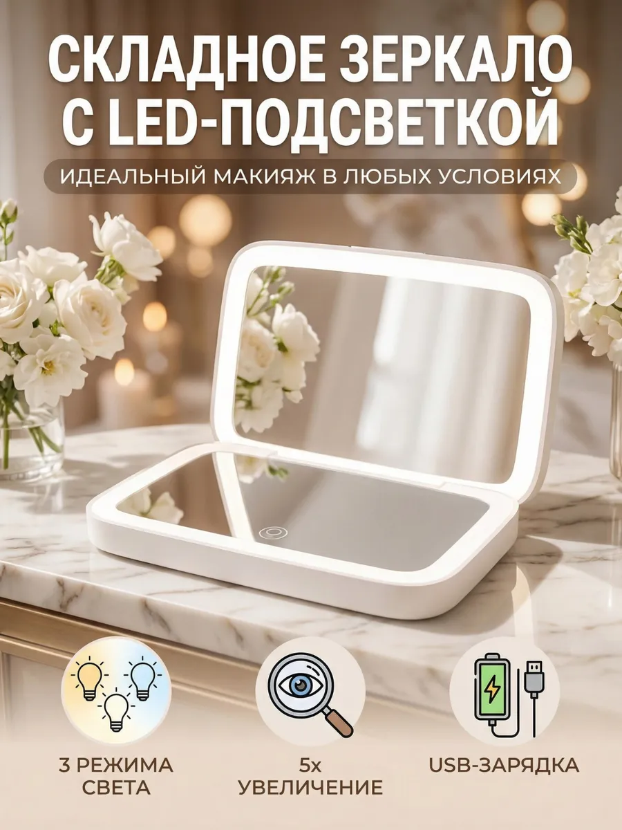 Зеркало для макияжа с подсветкой складное карманное 5х