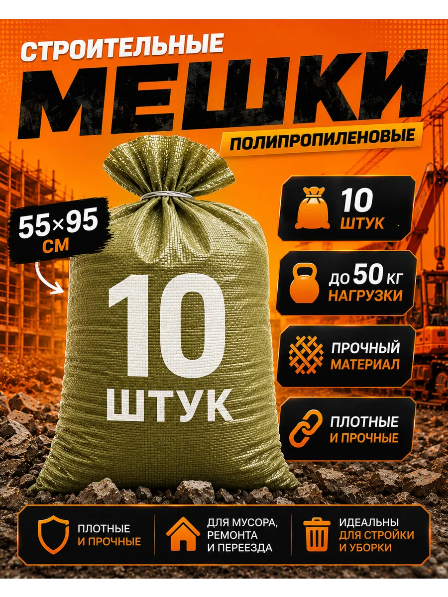 Мешки для строительного мусора 55х95 см (10 штук) зеленые