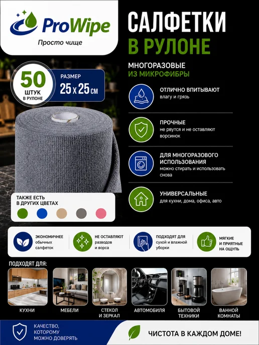 ProWipe Салфетки для уборки и кухни в рулоне 50шт набор тряпки, 50 шт, фото 3