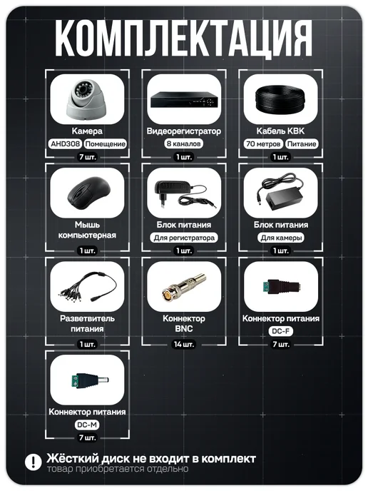Комплект видеонаблюдения AHD 8Мп Ps-Link KIT-A807HD 7 камер для помещений, регистратор 8 каналов, H.265, ночная съемка, черный, фото 2
