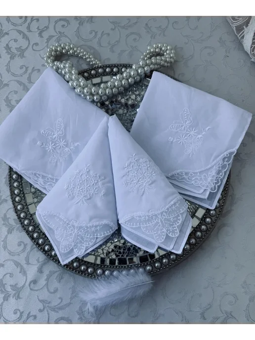 Lapastel Платки 3 шт 28х28 см хлопок с кружевом с вышивкой в подарок, 28x28 см, 4 шт, фото 2