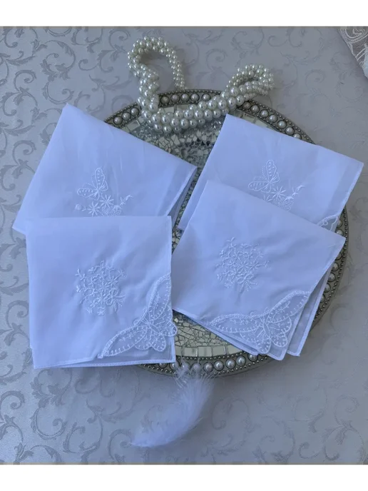 Lapastel Платки 3 шт 28х28 см хлопок с кружевом с вышивкой в подарок, 28x28 см, 4 шт, фото 4