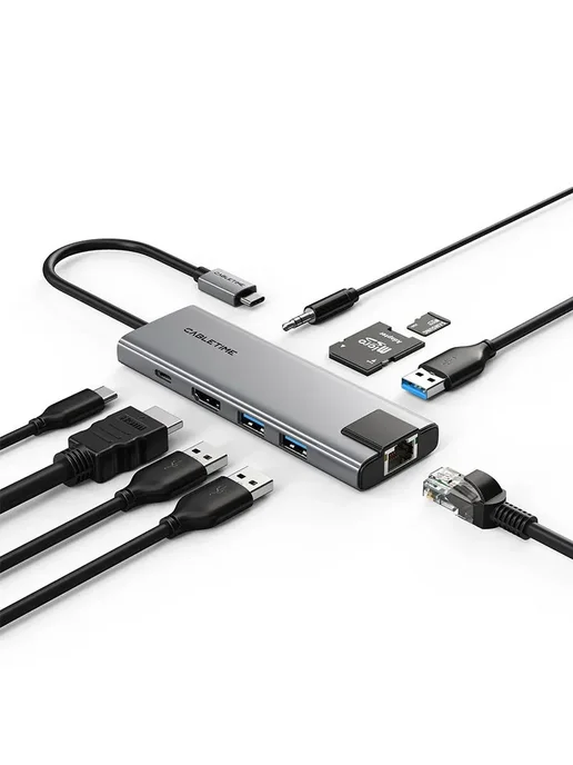 CABLETIME Док-станция (хаб) для ноутбука HB03G, USB-C 9 in 1, серая, серый, фото 3