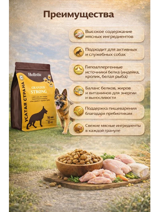 Сухой корм Усатая Страна Grander Strong для собак, 15 кг, фото 2