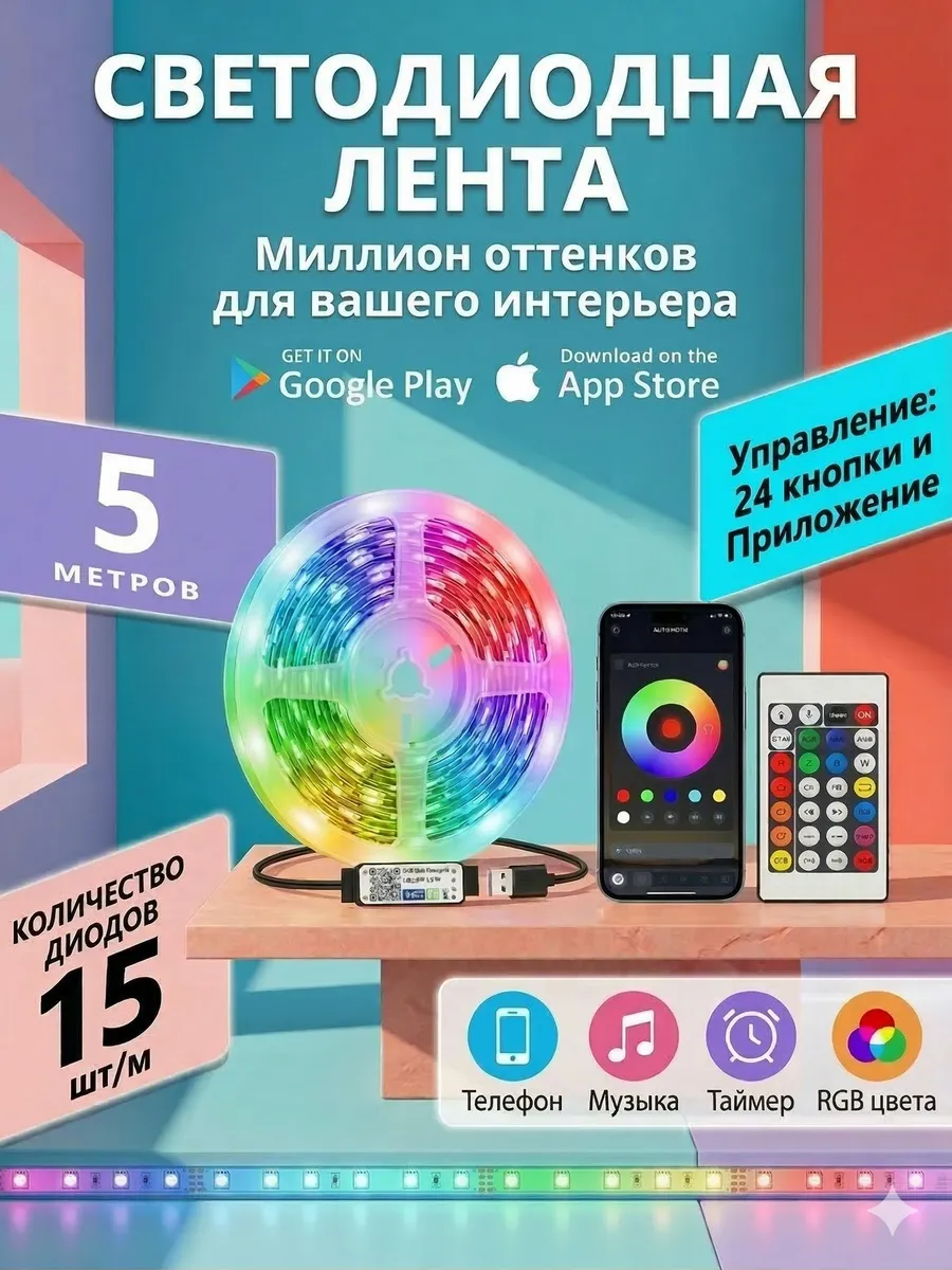 Умная светодиодная лента RGB 5 метров USB, с пультом и APP