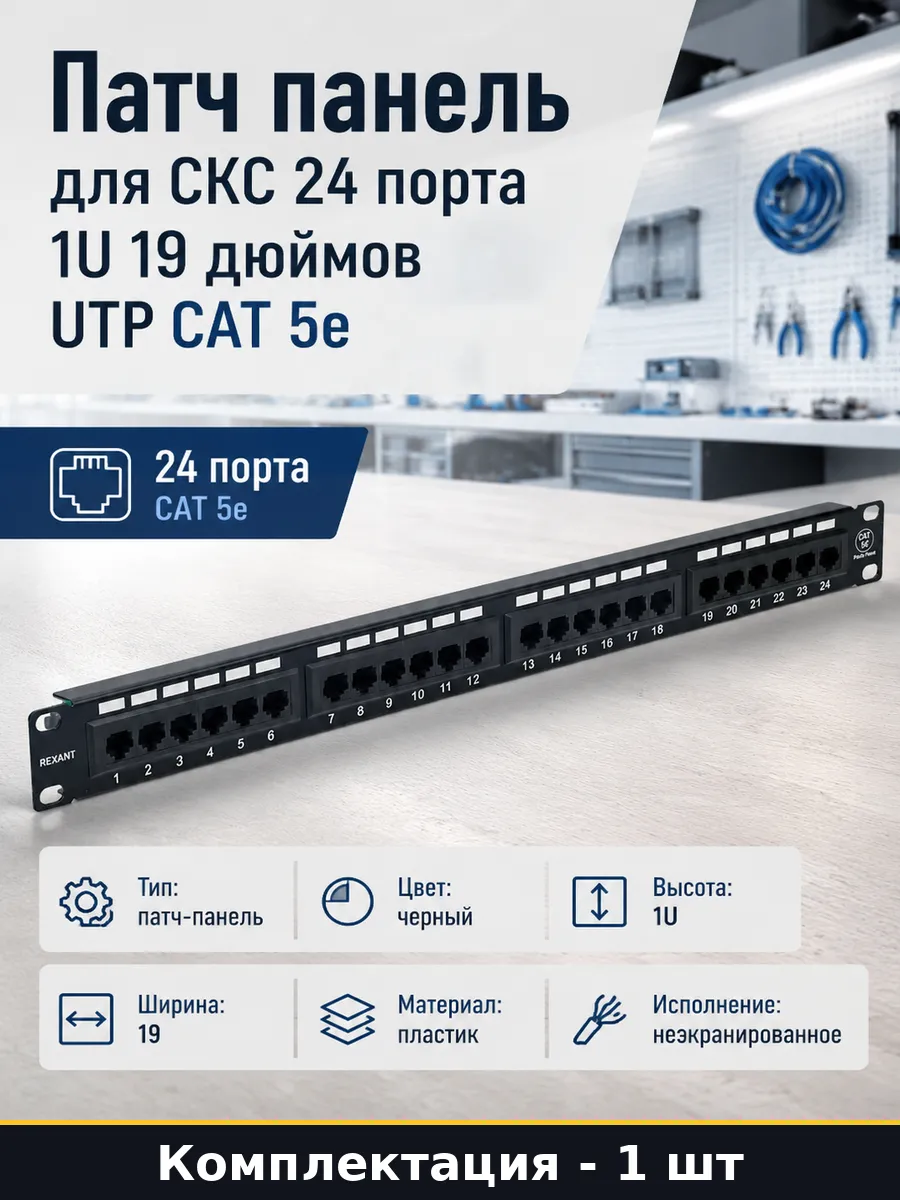 Патч панель для СКС 24 порта 1U 19 дюймов UTP CAT 5e