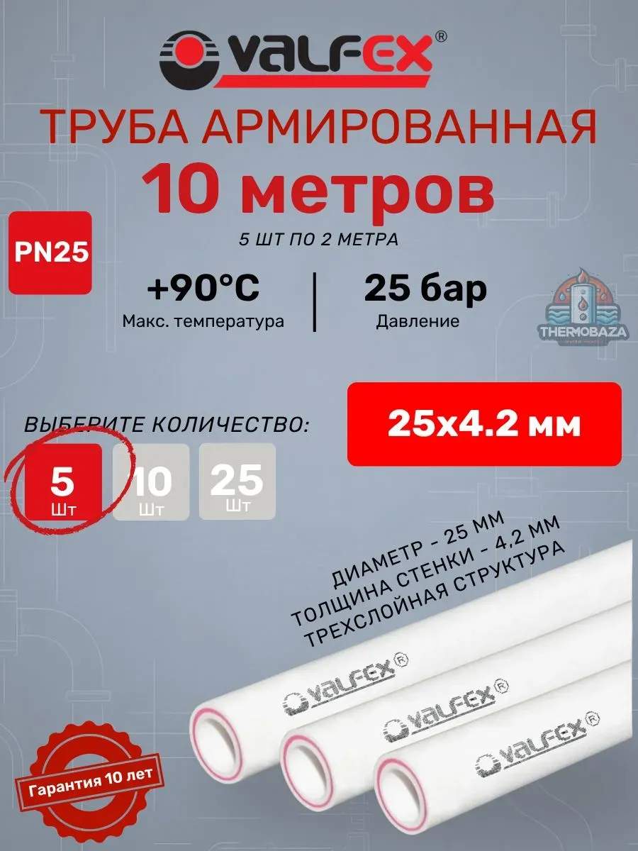 Труба SDR 6 PN25 25х4.2 мм; 5 шт по 2 метра полипропиленовая