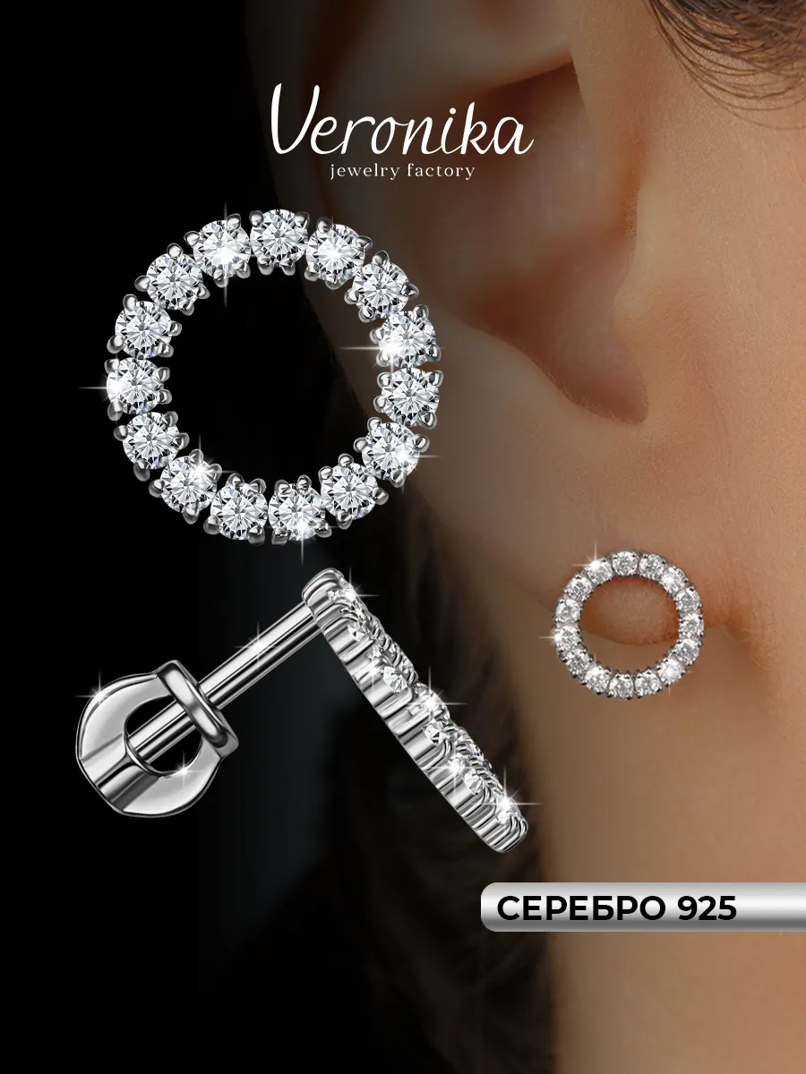 Серьги пусеты серебряные 925 с фианитами круг