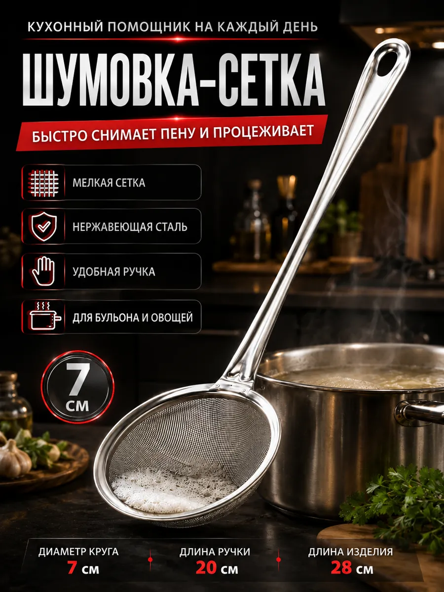 Шумовка-сетка 7 см металлическая с ручкой 28 см