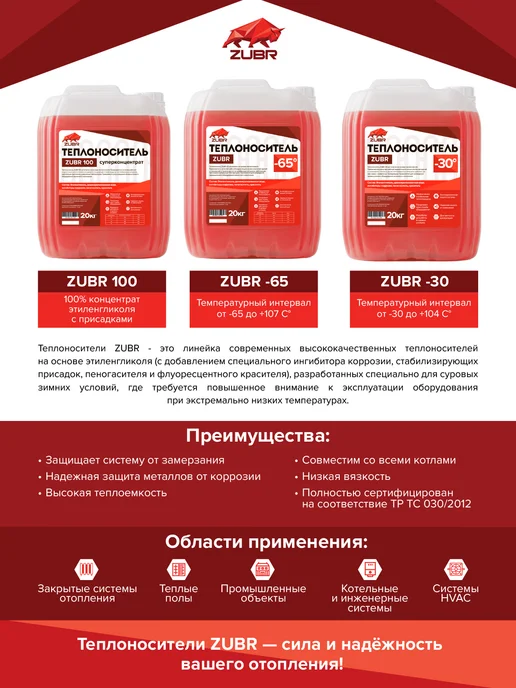 ZUBR Теплоноситель для отопления Этиленгликоль -65 (20 кг), 20 кг, фото 8