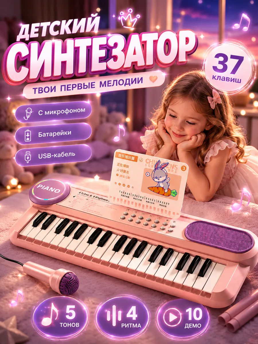 Синтезатор детский с микрофоном пианино 37 клавиша