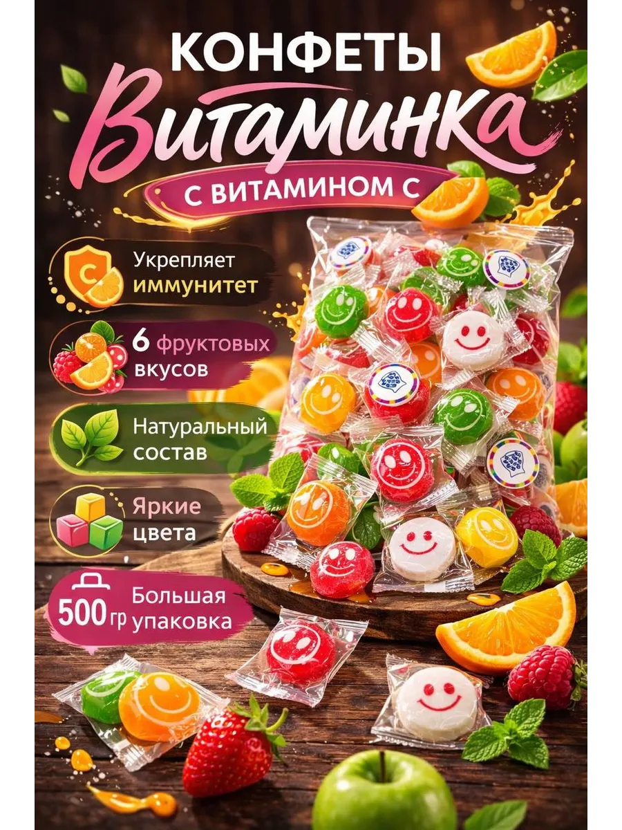 Конфеты леденцовые со смайликими и с витамином С 500 гр