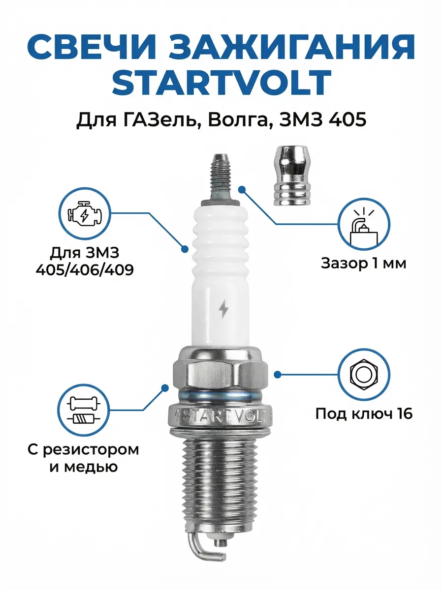 Свечи Газель,Волга 406 (ключ 16) (в инд. упак) (зазор 1мм с резистором с медью) СтартВОЛЬТ