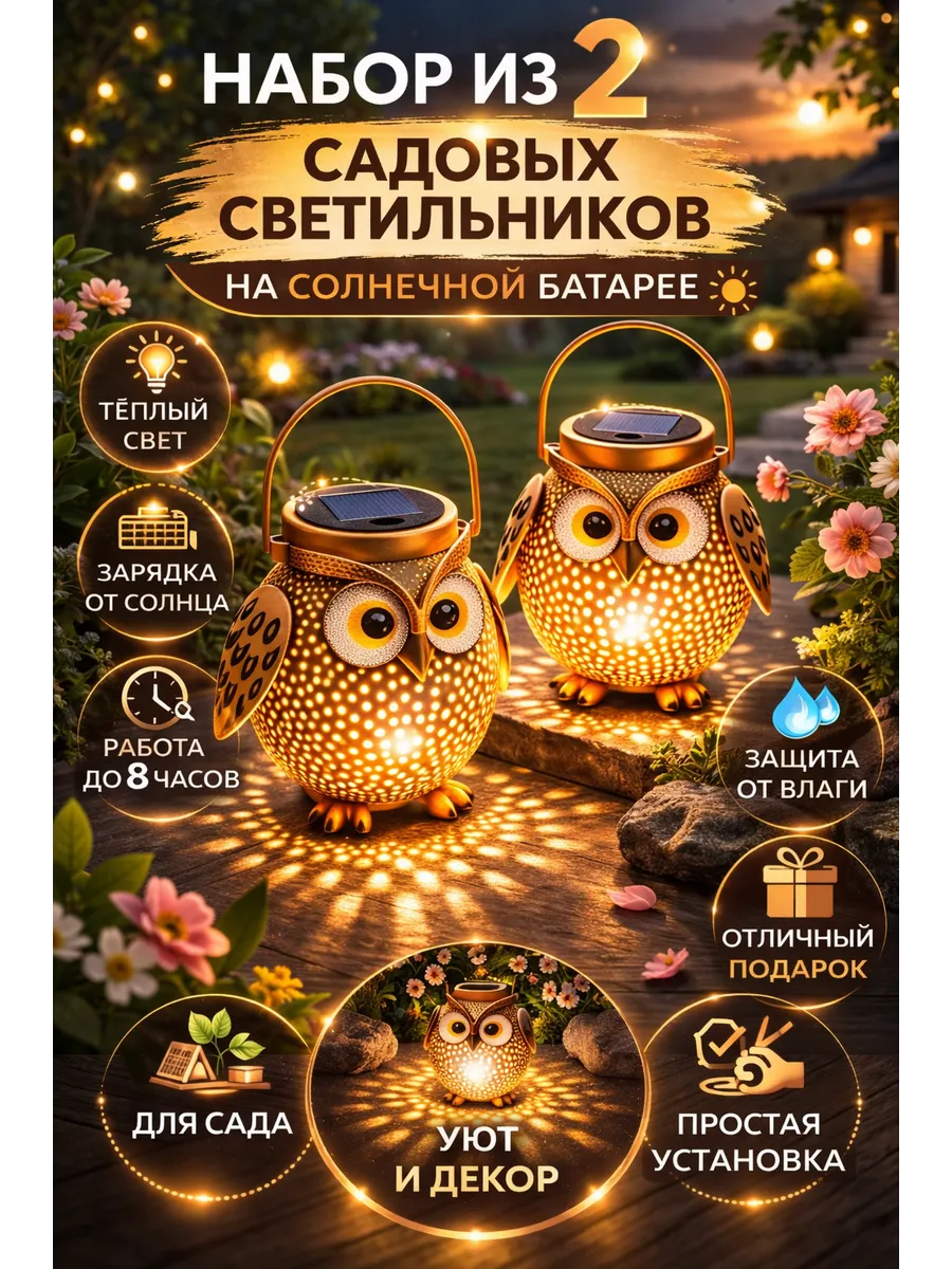 садовых светильников на солнечной батарее в форме совы