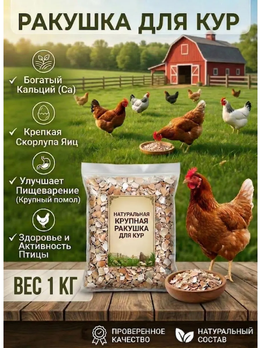 Ракушка морская, кормовая для курей крупная 1 кг