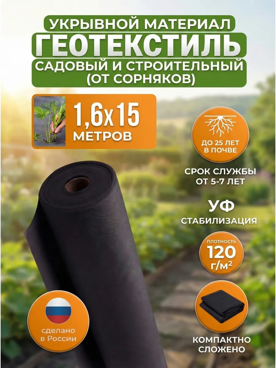 Спанбонд черный геотекстиль 1,6*15 метров