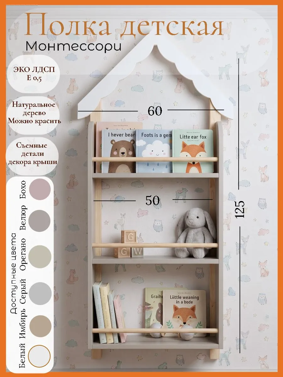 Полка-стеллаж настенная Монтессори для книг, детской и кухни
