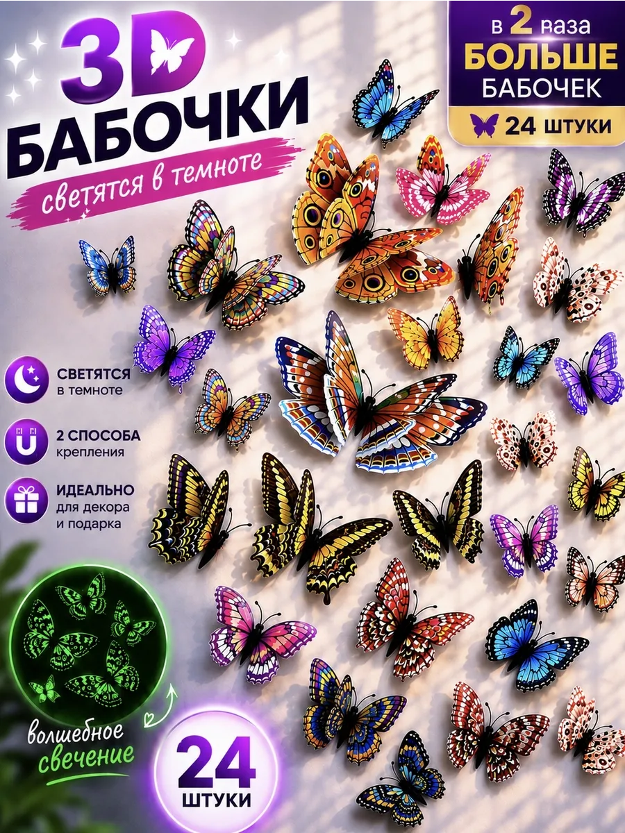 Наклейки интерьерные для декора дома бабочки светящиеся 24
