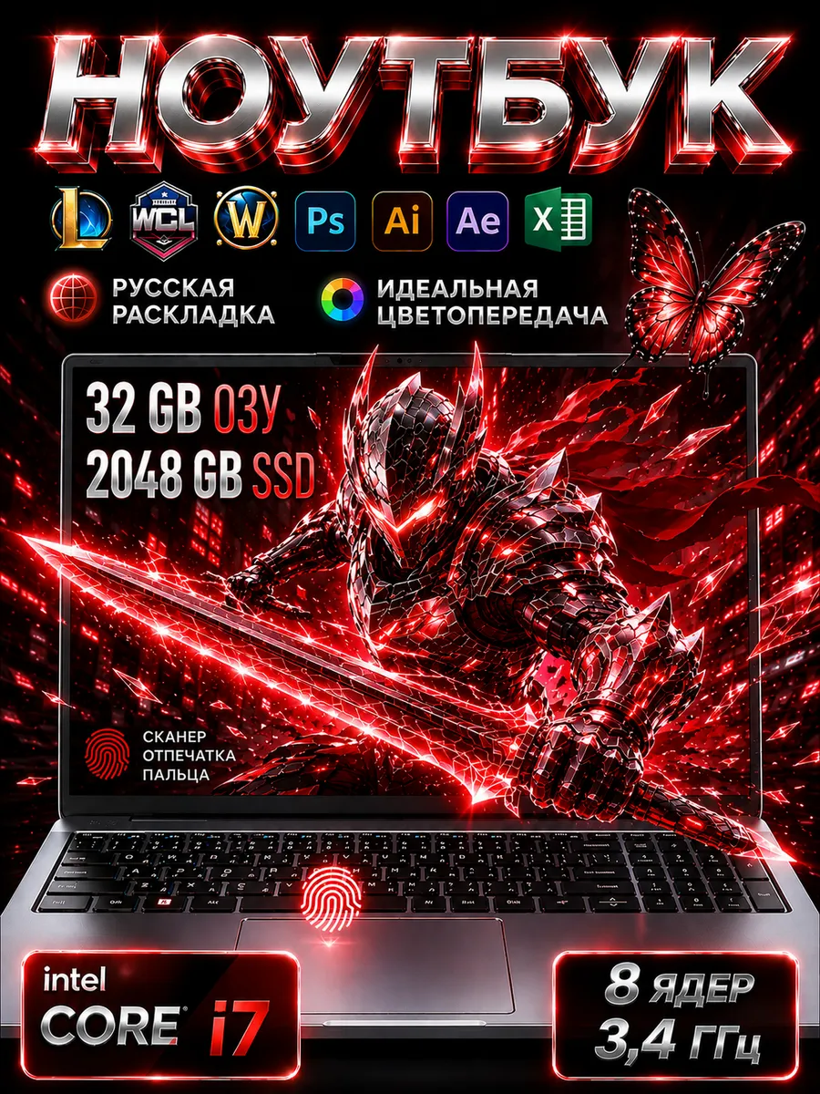 16.1”Intel Core i7 Ноутбук, 32 ГБ , SSD 2ТБ для работы и игр