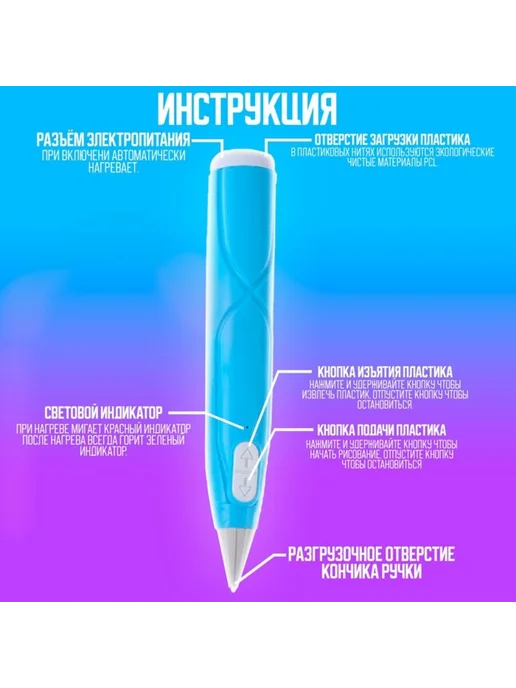 Нет бренда 3D ручка с блоком питания, светящаяся в темноте, голубой, фото 2