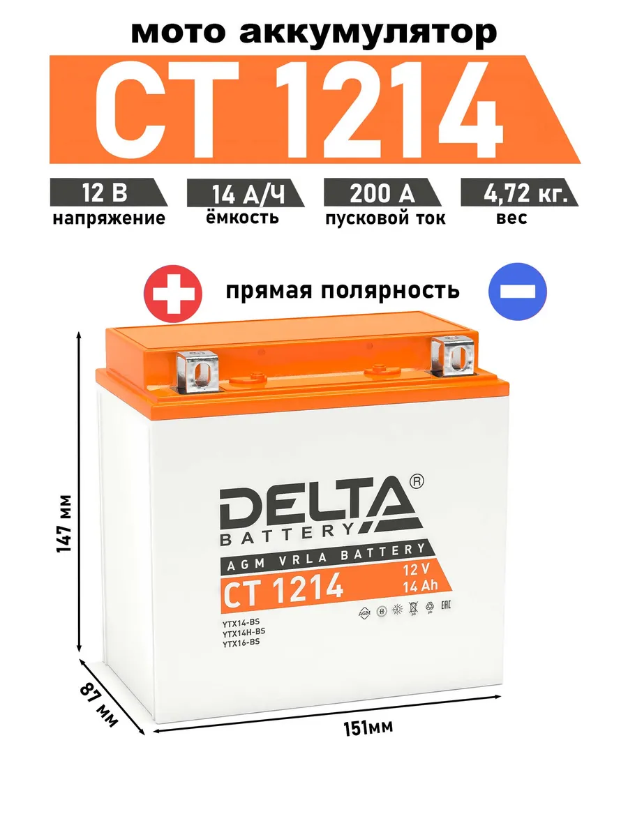 Delta аккумулятор CT 1214 YTX14-BS, YTX14H-BS, YTX16-BS