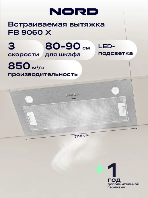 NORD Вытяжка кухонная на 80-90 см встраиваемая FB 9060 B, черная, серый, сталь