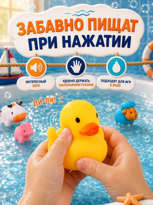 Крошка Я Резиновые игрушки для ванны «Моя ферма», 6 шт, 6 шт, фото 3