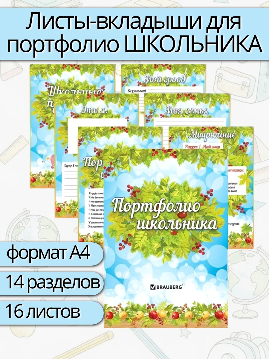 Листы-вкладыши для портфолио школьника, 14 разделов,