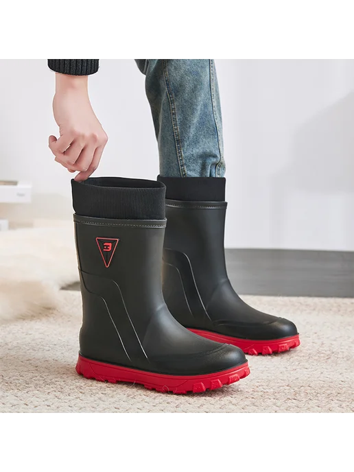 Мужские резиновые сапоги Mid Calf для дождя, утеплённые, цве, вариант, фото 4