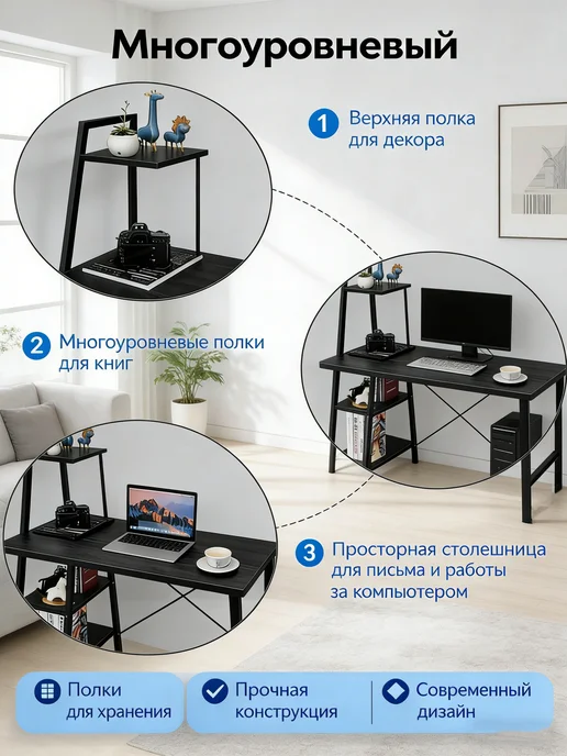 Стол стильный письменный лофт со стеллажами，для игр и работы, черный, фото 6