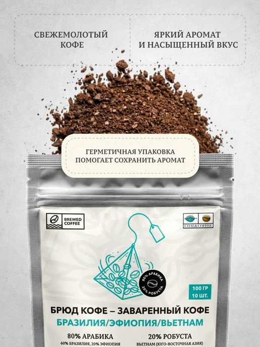 CHAI&COFFEE Кофе Бразилия Эфиопия Вьетнам молотый 10 пирамидок по 10 г, 10 г, фото 4