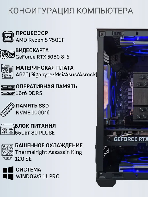 Techno РС Игровой компьютер Триумф Ryzen 5 7500F RTX 5060, черный, фото 2