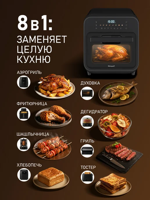 Weissgauff Аэрогриль электрический для дома 15 л с двумя тэнами WAF 525, 15 л, фото 2