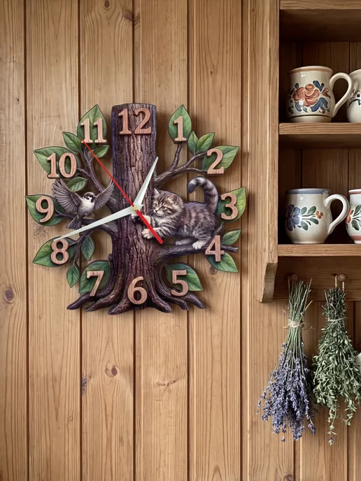 Home Decor Часы настенные декор для дачи кухни бесшумные Котята, серый, фото 6