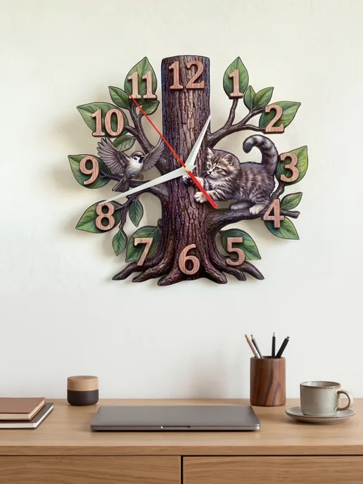 Home Decor Часы настенные декор для дачи кухни бесшумные Котята, серый, фото 7