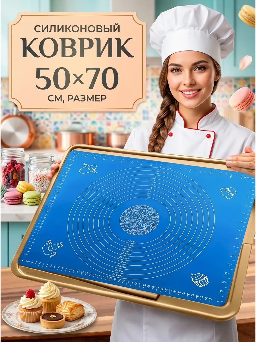 Силиконовый коврик для раскатки теста 50х70 см синий