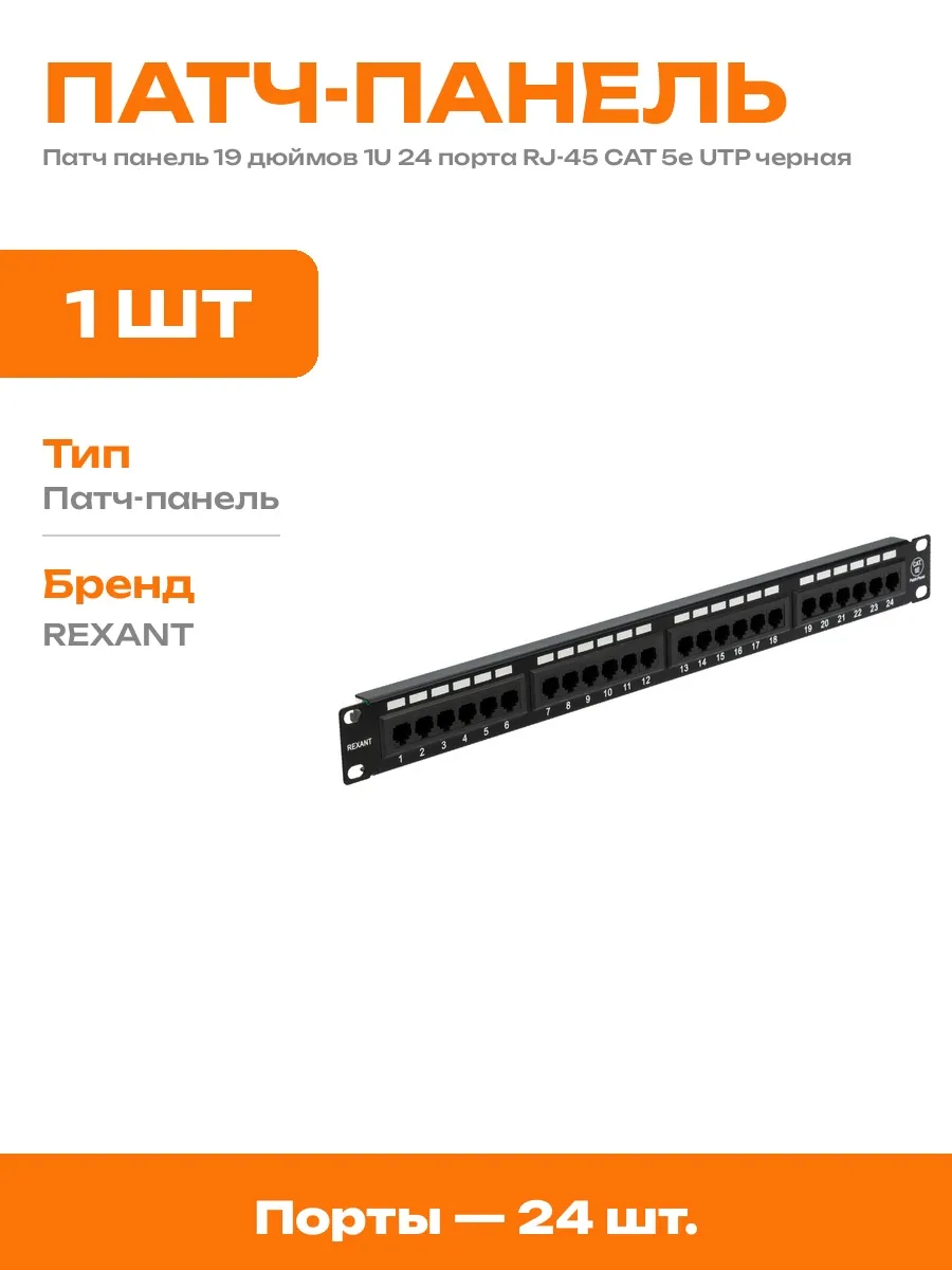 Патч панель 24 порта 19 дюймов 1U UTP Cat 5e для стойки