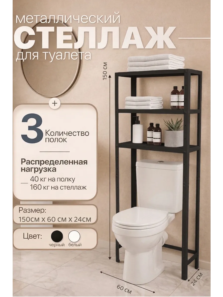 Стеллаж металлический над унитазом 150х60х24 3 полки чёрный
