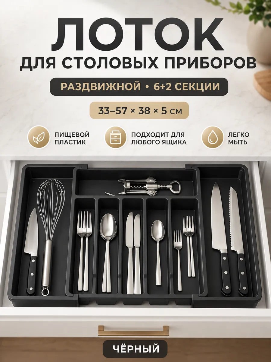 Лоток для столовых приборов раздвижной в ящик