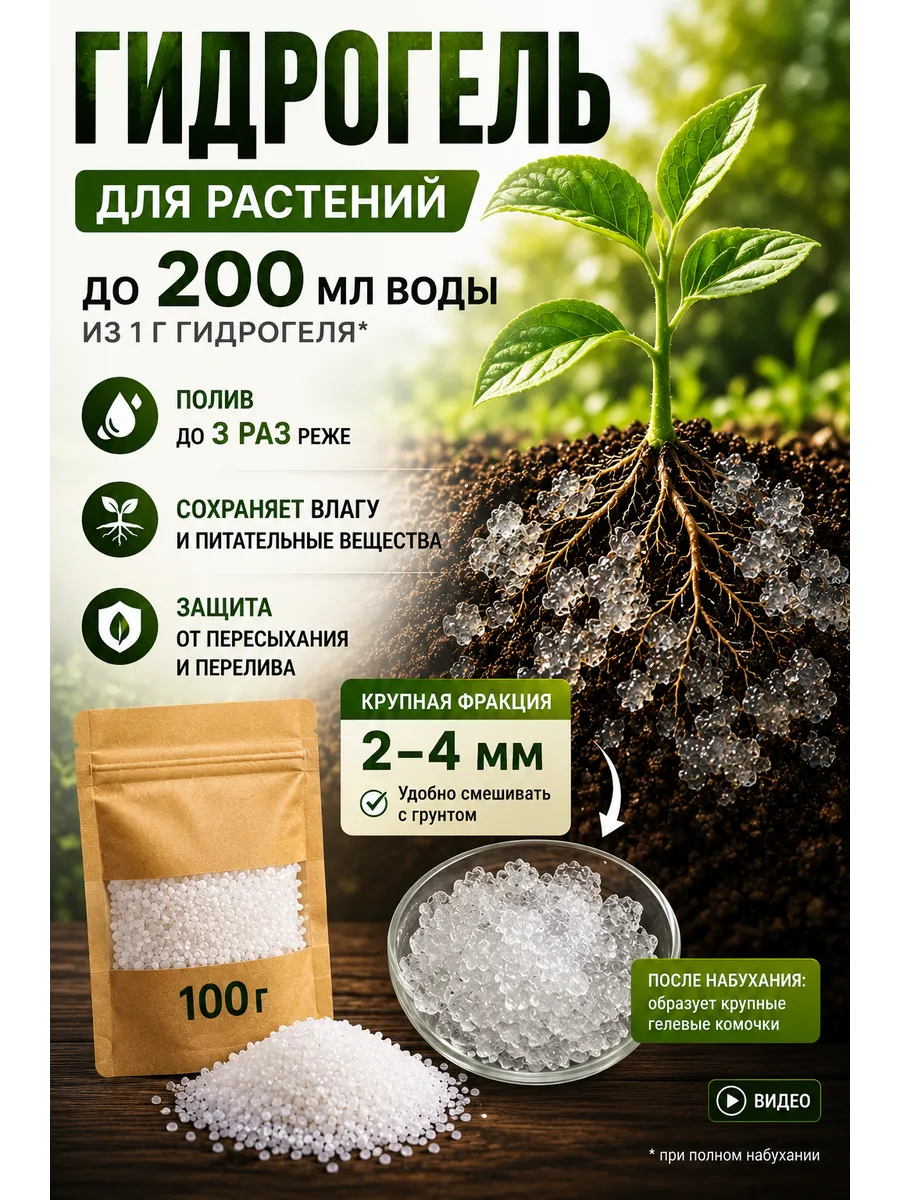 Гидрогель для растений, цветов и рассады 2-4 мм 100 гр