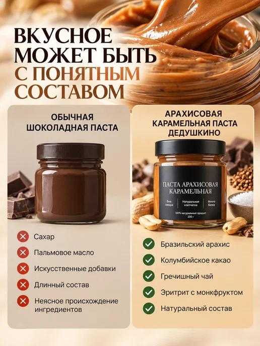 ДЕДУШКИНО Арахисовая паста карамельная, без сахара 200 г, 200 г, фото 5