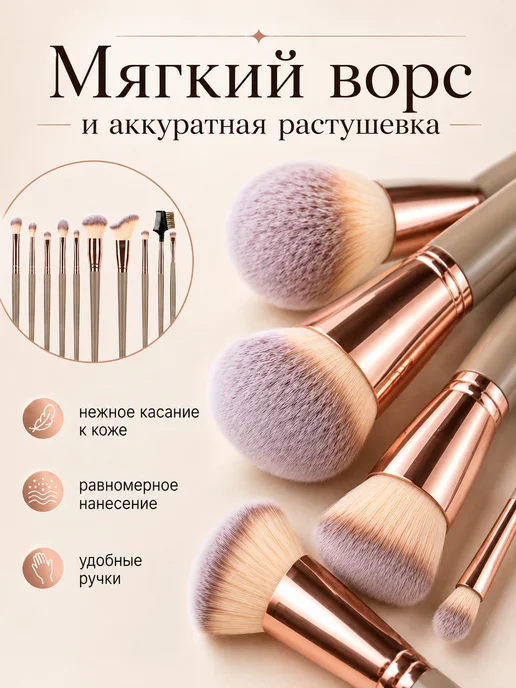 JENNY HAIR Кисти для макияжа набор 15 штук с чехлом, серый, фото 2