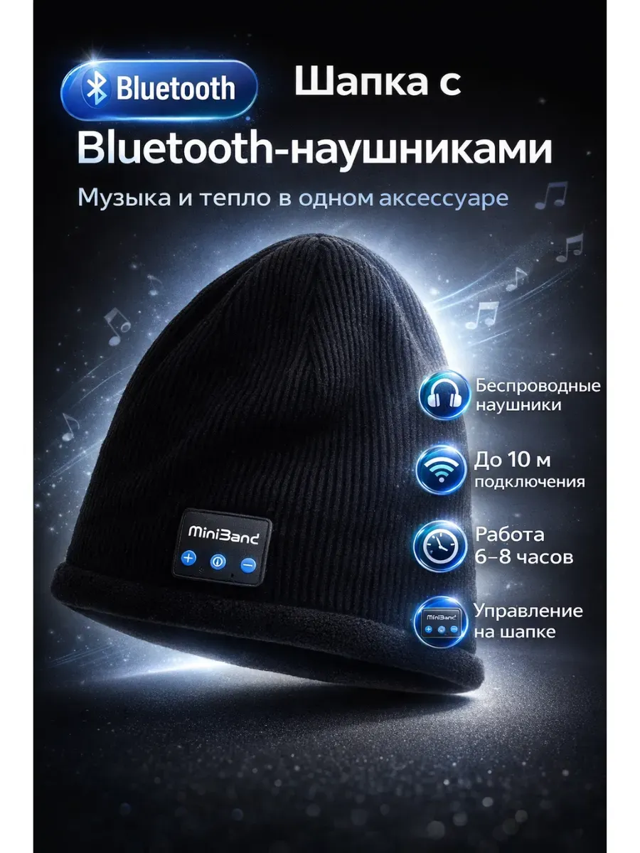 Шапка с Bluetooth наушниками музыкальная теплая черная