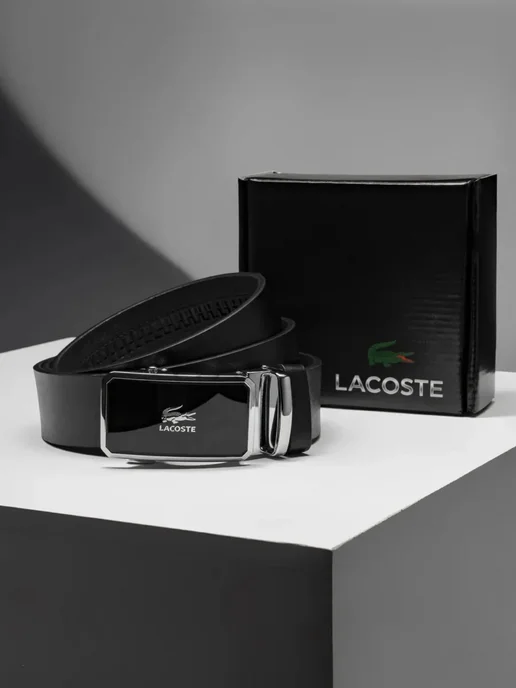 Ремень мужской кожаный для джинс Lacoste в подарок, черный, фото 7