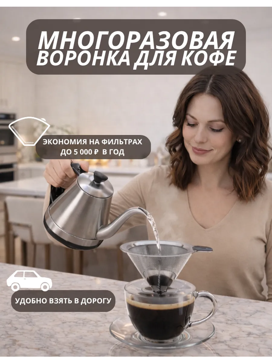 Фильтр для кофе многоразовый, пуровер, воронка металлическая