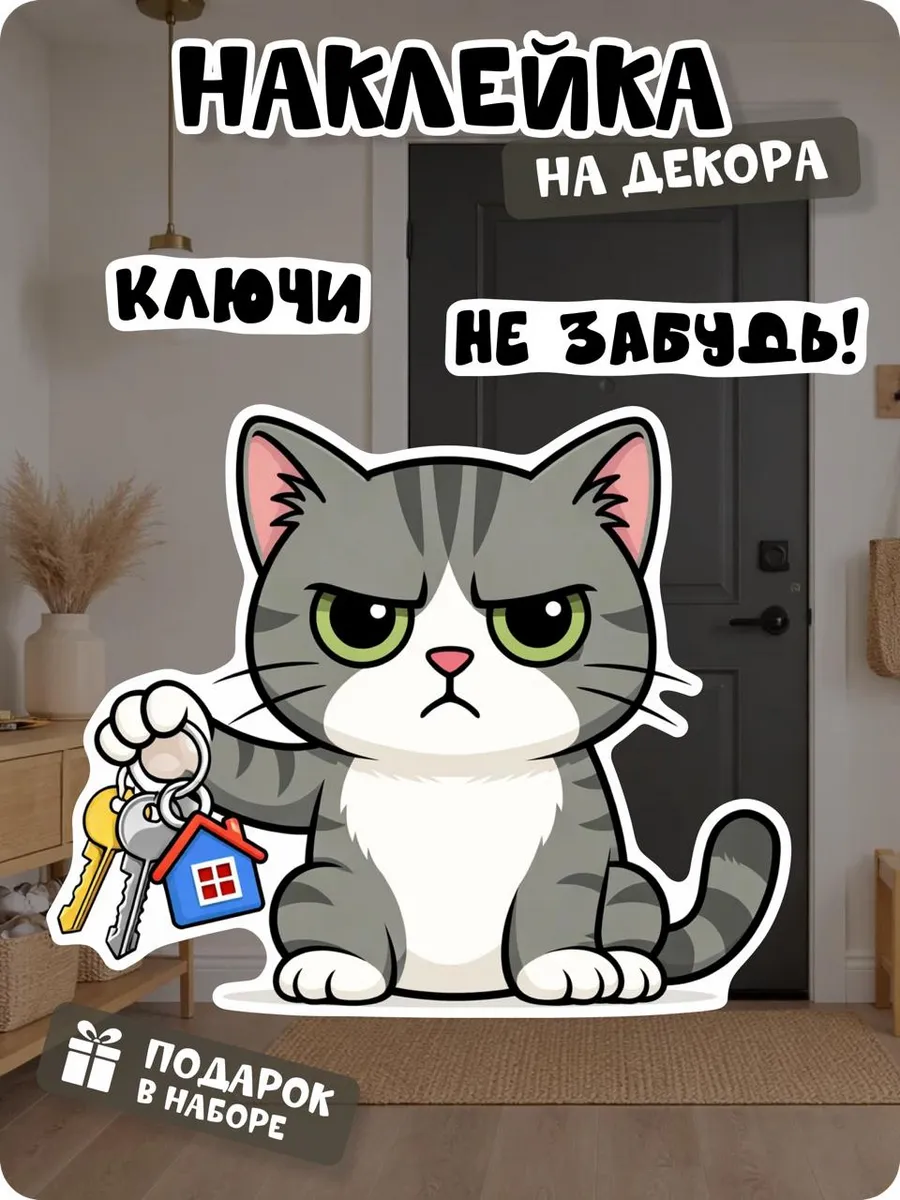 Прикольная наклейка на стену кот в прихожую